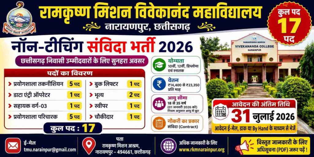 रामकृष्ण मिशन विवेकानंद महाविद्यालय नारायणपुर भर्ती 2026
