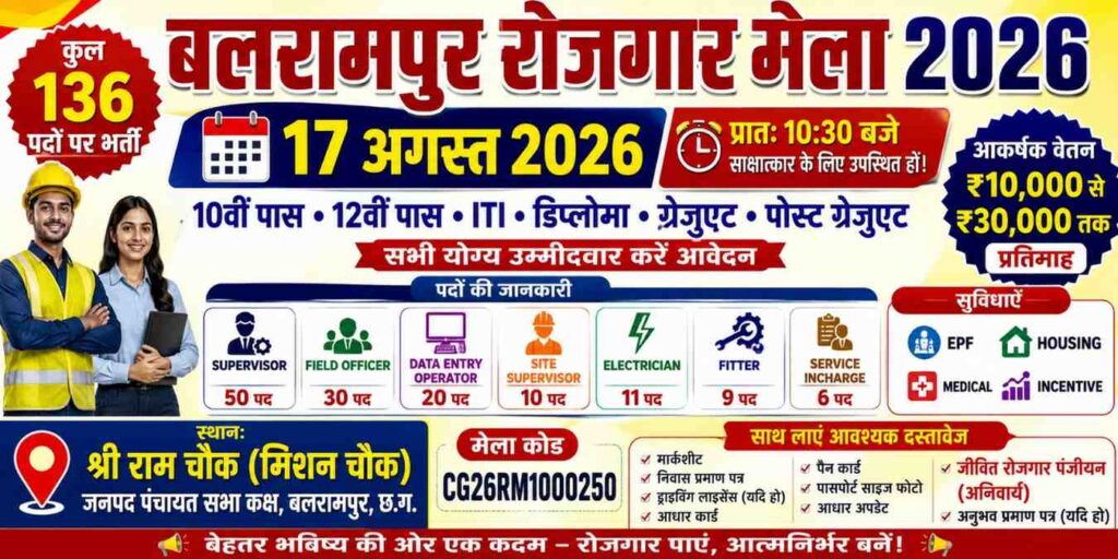 बलरामपुर रोजगार मेला 2026: 17 अगस्त को 136 पदों पर भर्ती