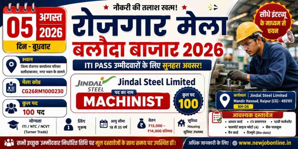 बलौदाबाजार रोजगार मेला 2026: जिंदल स्टील में 100 मशीनिस्ट पदों पर भर्ती