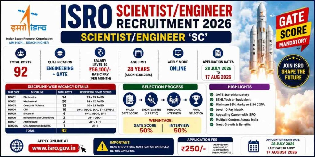 ISRO Scientist/Engineer Recruitment 2026 | 92 Posts Apply Online